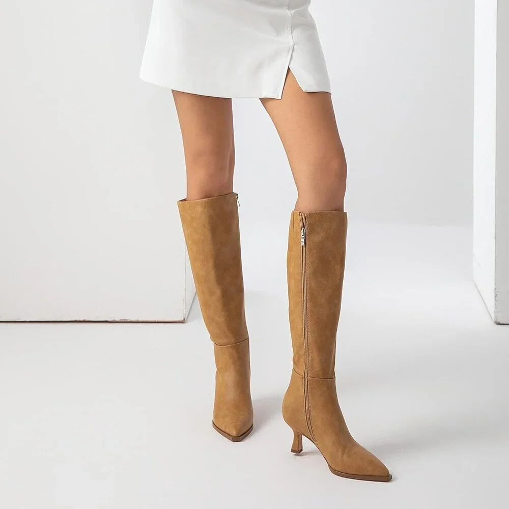 Women's Banana Pu Kitten Low Heel Toe Side Zipper Long Tall Knee High Boots